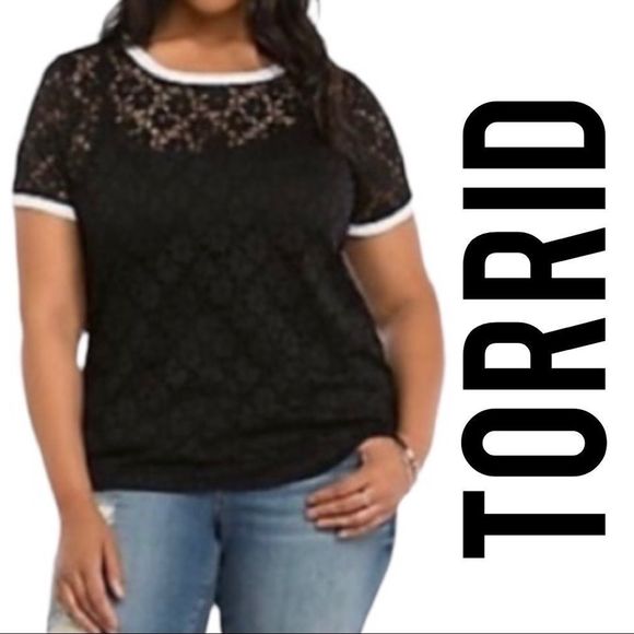 TORRID Lace Ringer Crew Neck Tee - Picture 1 of 10